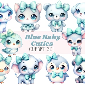 Aquarelle bleu bébé animal Clipart bébé garçon animaux PNG Image numérique à télécharger pour la fabrication de cartes Scrapbooking Journal indésirable artisanat en papier