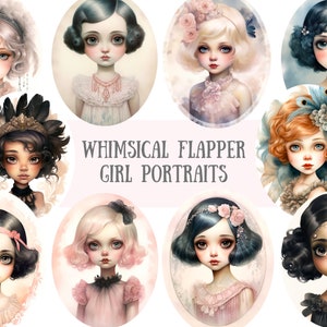 Aquarel grillige flapper meisje clipart jaren 1920 PNG digitale afbeeldingsdownloads voor kaart maken plakboek ongewenste dagboek papier ambachten