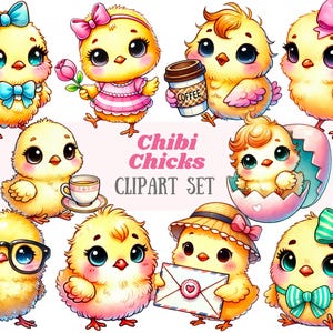 Imágenes prediseñadas de pollito chibi de acuarela, lindo pollito de Pascua, imágenes PNG, descargas digitales para hacer tarjetas, álbumes de recortes, diarios basura, manualidades con papel