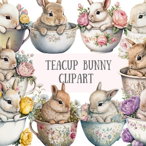 Aquarelle printemps tasse à thé lapin Clipart - lapins de Pâques PNG image numérique à télécharger pour la fabrication de cartes, scrapbooking, journal indésirable, travaux manuels en papier
