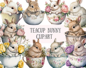 Acuarela primavera taza de té conejito clipart - Conejos de Pascua PNG Descargas de imágenes digitales para la fabricación de tarjetas, álbum de recortes, diario basura, artesanías de papel