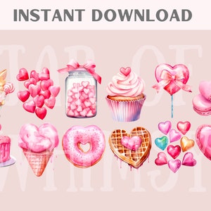 May include: A set of 14 watercolor illustrations featuring pink and red hearts, cupcakes, donuts, ice cream cones, macarons, and a cat. The illustrations are perfect for Valentine's Day crafts and projects.