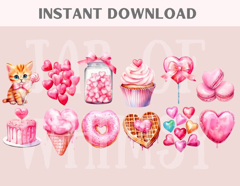 May include: A set of 14 watercolor illustrations featuring pink and red hearts, cupcakes, donuts, ice cream cones, macarons, and a cat. The illustrations are perfect for Valentine's Day crafts and projects.