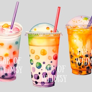 May include: Three colorful bubble tea drinks with tapioca pearls in clear plastic cups with lids and straws. The drinks are topped with whipped cream, boba pearls, and colorful jelly. The text "JAR OF WHIMSY" is printed on each cup.