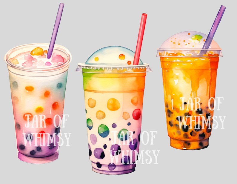 May include: Three colorful bubble tea drinks with tapioca pearls in clear plastic cups with lids and straws. The drinks are topped with whipped cream, boba pearls, and colorful jelly. The text "JAR OF WHIMSY" is printed on each cup.