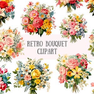 Aquarela Retro Bouquet Clipart Vintage Floral Arranjo Downloads de imagens digitais PNG para fazer cartões Scrapbook Junk Journal Paper Crafts