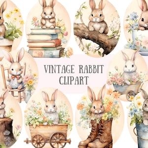 Aquarelle vintage lapin Clipart livre de contes vintage lapin PNG Image numérique à télécharger pour la fabrication de cartes Scrapbook Junk Journal artisanat en papier