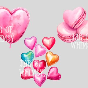 May include: A watercolor illustration of pink heart-shaped macarons, a pink heart with dripping paint, and a cluster of colorful heart-shaped candies. The text "JAR OF WHIMSY" appears three times in the image.