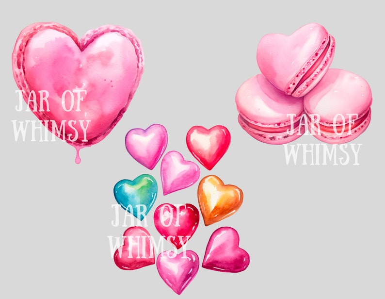 May include: A watercolor illustration of pink heart-shaped macarons, a pink heart with dripping paint, and a cluster of colorful heart-shaped candies. The text "JAR OF WHIMSY" appears three times in the image.