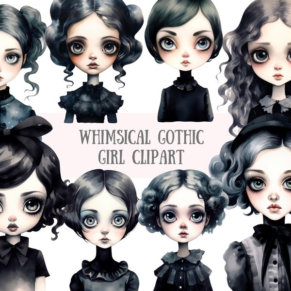 Aquarelle lunatique gothique fille Clipart Goth mode fille PNG Image numérique téléchargements pour la fabrication de cartes Scrapbook Junk Journal papier artisanat