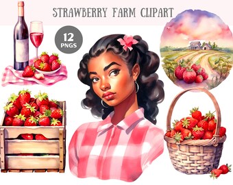Watercolour Strawberry Farm Clipart Strawberries PNG Digital Image Downloads for Card Making Scrapbook Junk Journal Paper Crafts