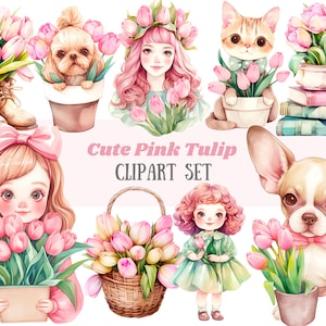Aquarela Tulip Clipart Kawaii Cute Pink Tulip Girl PNG Download de imagem digital para fazer cartões Scrapbook Junk Journal Paper Craft