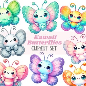 Mariposa kawaii de acuarela, clipart colorido, lindo chibi PNG, imagen digital para descargar para hacer tarjetas, álbumes de recortes, diarios basura, manualidades de papel