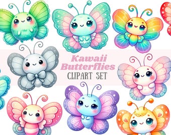 Watercolour Kawaii Butterfly Clipart Colourful Cute Chibi PNG Digital Image Download for Card Making Scrapbook Junk Journal Paper Craft