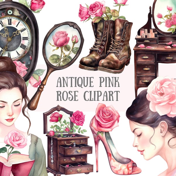 Watercolour Antique Pink Rose Clipart Vintage Rose Lady PNG Digital Image Downloads for Card Making Scrapbook Junk Journal Paper Crafts