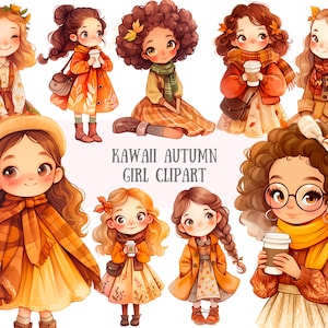 Aquarela Kawaii Autumn Girl Clipart Cute Chibi Fall Girl Downloads de imagens digitais PNG para fazer cartões Scrapbook Junk Journal Paper Crafts