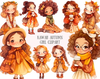 Watercolour Kawaii Autumn Girl Clipart Cute Chibi Fall Girl PNG Digital Image Downloads for Card Making Scrapbook Junk Journal Paper Crafts