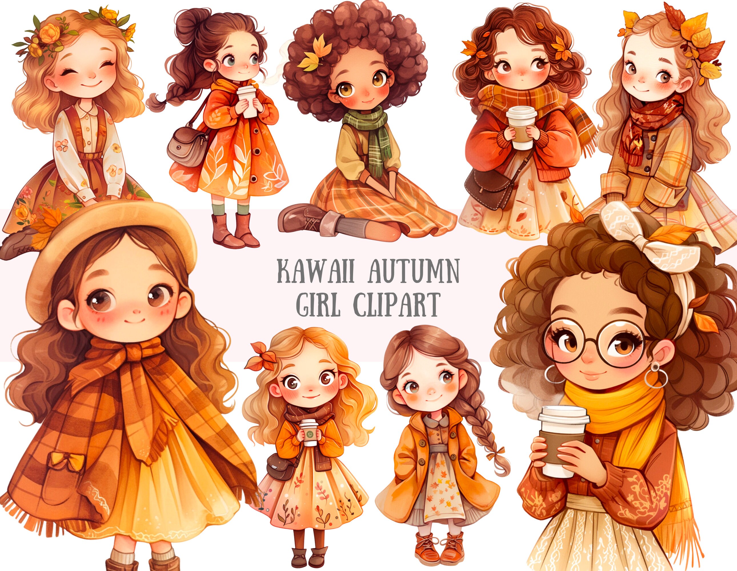 Watercolour Kawaii Autumn Girl Clipart Cute Chibi Fall Girl PNG