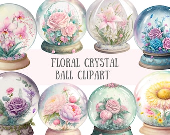 Watercolour Magic Floral Crystal Ball Clipart - Fantasy PNG Digital Image Downloads for Card Making, Scrapbook, Junk Journal, Paper Crafts