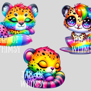 Puede incluir: Tres ilustraciones de guepardo de dibujos animados con colores arco&iacute;ris y manchas negras. El guepardo de la izquierda est&aacute; durmiendo, el guepardo del medio est&aacute; sentado en una taza de t&eacute; arco&iacute;ris y el guepardo de la derecha est&aacute; durmiendo con la cola enroscada alrededor de su cuerpo. El texto "Jar of Whimsy" aparece debajo de cada guepardo.