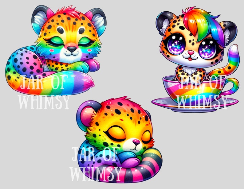 Puede incluir: Tres ilustraciones de guepardo de dibujos animados con colores arco&iacute;ris y manchas negras. El guepardo de la izquierda est&aacute; durmiendo, el guepardo del medio est&aacute; sentado en una taza de t&eacute; arco&iacute;ris y el guepardo de la derecha est&aacute; durmiendo con la cola enroscada alrededor de su cuerpo. El texto "Jar of Whimsy" aparece debajo de cada guepardo.