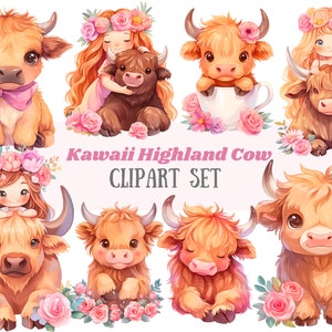 Aquarell Highland Kuh Clipart Kawaii Kuh Shabby Chic PNG Digitalbild Download für Kartenherstellung Scrapbook Junk Journal Papierhandwerk