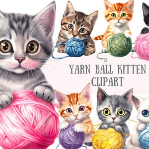 Aquarelle, pelote de laine, chaton, cliparts, chat kawaii, PNG, image numérique, téléchargements pour la fabrication de cartes, scrapbooking, journal indésirable, travaux manuels en papier