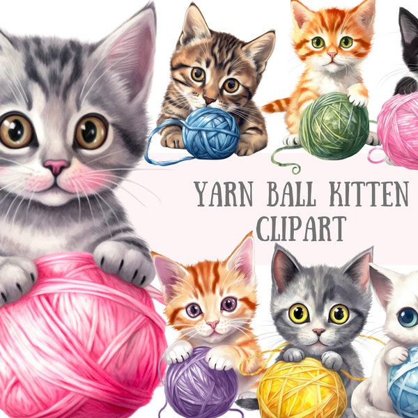 Watercolour Yarn Ball Kitten Clipart Kawaii Cat PNG Digital Image Downloads for Card Making Scrapbook Junk Journal Paper Crafts