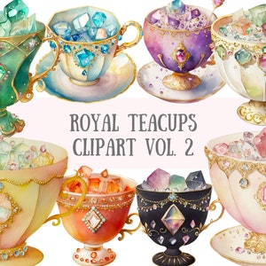 Aquarell königliche Teetasse Clipart - Fantasy Teeparty PNG digitale Bild-Downloads für die Kartenherstellung, Scrapbook, Junk Journal, Papierhandwerk