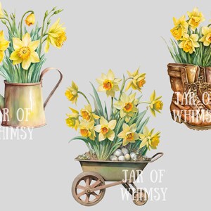 May include: Three watercolor illustrations of daffodils in different containers. The first image shows a yellow watering can with daffodils and the text "JAR OF WHIMSY". The second image shows a wheelbarrow with daffodils and the text "JAR OF WHIMSY". The third image shows a pair of brown boots with daffodils and the text "JAR OF WHIMSY".