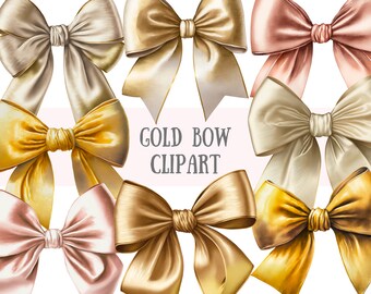 Watercolour Gold Bows Clipart - Wedding Satin Bow PNG Digital Image Downloads for Card Making, Scrapbook, Junk Journal, Paper Crafts