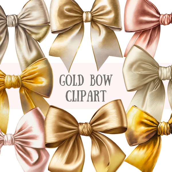Aquarelle Gold Bows Clipart - Mariage Satin Bow PNG Digital Image Téléchargements pour la fabrication de cartes, album, journal de pacotille, artisanat en papier