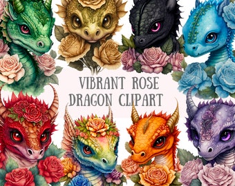 Aquarell hübsche lebendige Rose Drache Clipart - Fantasy PNG digitale Bild-Downloads für die Kartenherstellung, Scrapbook, Junk Journal, Papierhandwerk