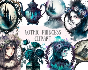 Watercolour Gothic Princess Clipart - Dark Fairytale Fantasy PNG Digital Image Downloads for Card Making, Scrapbook, Junk Journal, Crafts