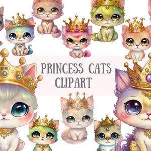 Watercolour Princess Cats Clipart Kawaii Cat PNG Digital Image Downloads for Card Making Scrapbook Junk Journal Paper Crafts