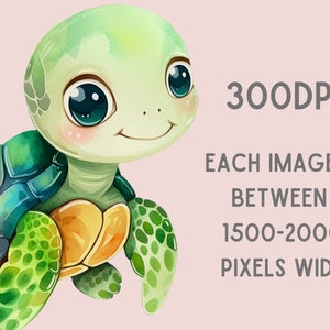 May include: A cartoon illustration of a green sea turtle with big blue eyes and a yellow and orange shell. The turtle is smiling and has a pink blush on its cheeks.