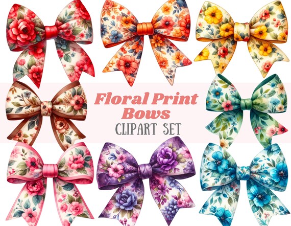 Watercolour Floral Bow Clipart Cute Floral Print Bow PNG Digital Image Downloads for Card Making Scrapbook Junk Journal Paper Crafts