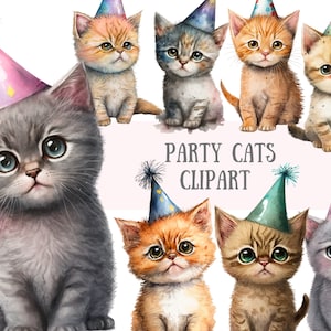 Fête aquarelle chats Clipart chaton mignon anniversaire PNG téléchargements d'images numériques pour la fabrication de cartes scrapbooking journal indésirable papier artisanat