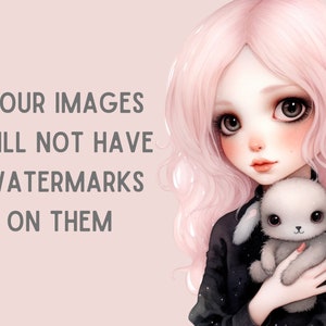 May include: A digital illustration of a young girl with long pink hair, wearing a black sweater with white polka dots, holding a white fluffy bunny with gray ears. The background is a light pink color. The text "YOUR IMAGES WILL NOT HAVE WATERMARKS ON THEM" is written in gray text on the left side of the image.