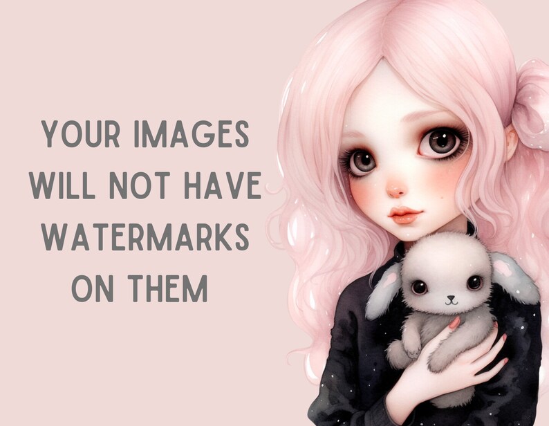 May include: A digital illustration of a young girl with long pink hair, wearing a black sweater with white polka dots, holding a white fluffy bunny with gray ears. The background is a light pink color. The text "YOUR IMAGES WILL NOT HAVE WATERMARKS ON THEM" is written in gray text on the left side of the image.