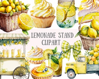 Watercolour Lemonade Stand Clipart - Lemon Fruit PNG Digital Image Downloads for Card Making, Scrapbook, Junk Journal, Paper Crafts