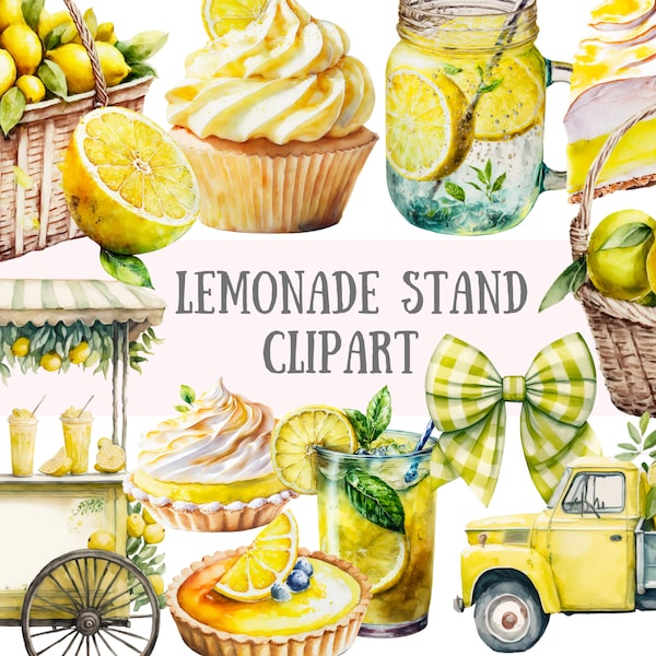 Clipart de stand de limonade aquarelle - Citron Fruit PNG Image numérique téléchargements pour la fabrication de cartes, Scrapbook, Junk Journal, Paper Crafts