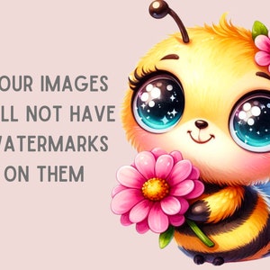 Peut inclure: Une abeille de dessin anim&eacute; avec de grands yeux bleus et une fleur rose dans sa main. L'abeille est jaune et noire avec une fourrure duveteuse. L'arri&egrave;re-plan est rose p&acirc;le.