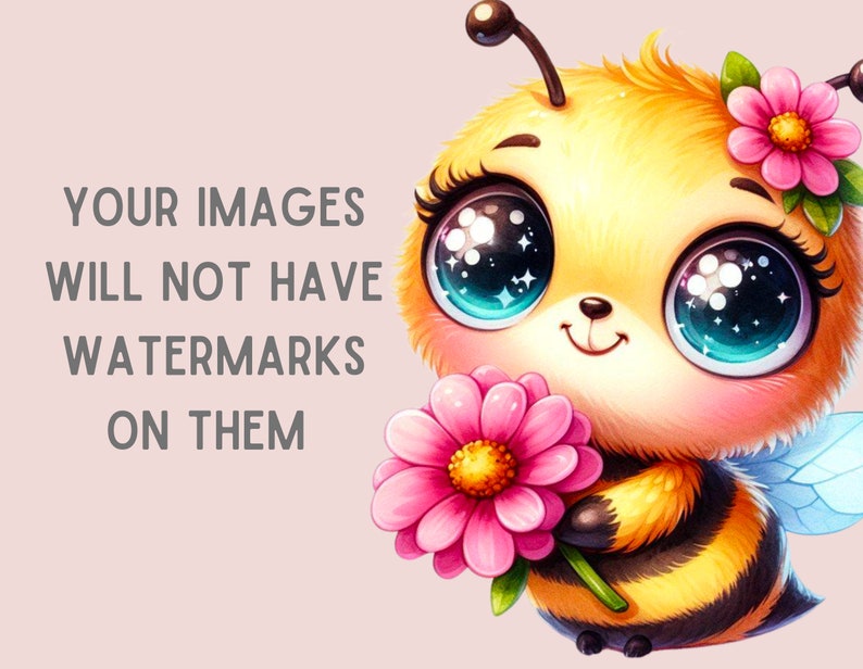 Peut inclure: Une abeille de dessin anim&eacute; avec de grands yeux bleus et une fleur rose dans sa main. L'abeille est jaune et noire avec une fourrure duveteuse. L'arri&egrave;re-plan est rose p&acirc;le.