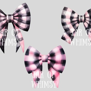 May include: Three pink and black plaid bows with the text "JAR OF WHIMSY" printed on each bow.
