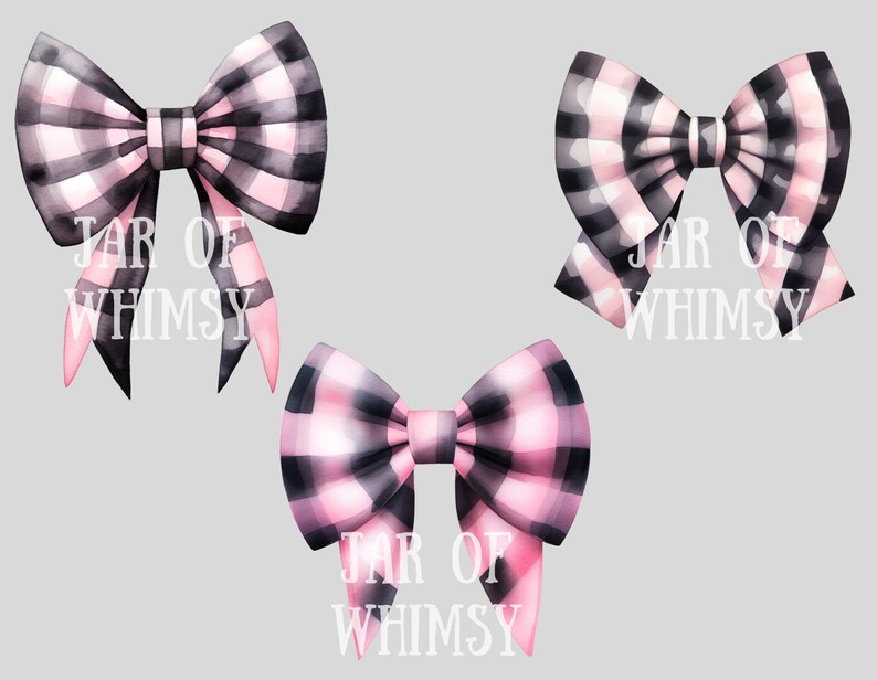 May include: Three pink and black plaid bows with the text "JAR OF WHIMSY" printed on each bow.