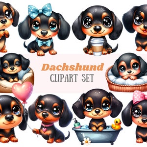 Acuarela negro y fuego Dachshund Clipart Kawaii Salchicha Perro PNG Descarga de imagen digital para la fabricación de tarjetas Scrapbook Junk Journal Paper Craft