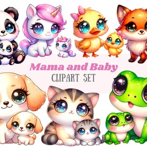 Maman et bébé aquarelle Clipart fête des mères animal PNG Image numérique à télécharger pour la fabrication de cartes Scrapbooking Journal indésirable Artisanat en papier