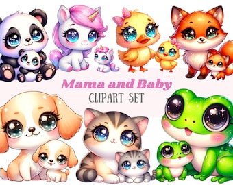 Peut inclure: Ensemble de clipart d'animaux mignons en dessin animé avec leurs bébés. L'ensemble comprend un panda, une licorne, un canard, un renard, une grenouille, un chien et un chat. Chaque animal est représenté dans un style cartoon avec de grands yeux et des couleurs vives. Le texte "Mama and Baby CLIPART SET" est affiché en bas de l'image.
