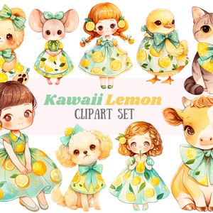 Aquarell Zitrone Clipart Kawaii Limonade Mädchen PNG Digitalbild Download für Kartenherstellung Scrapbook Junk Journal Papierhandwerk